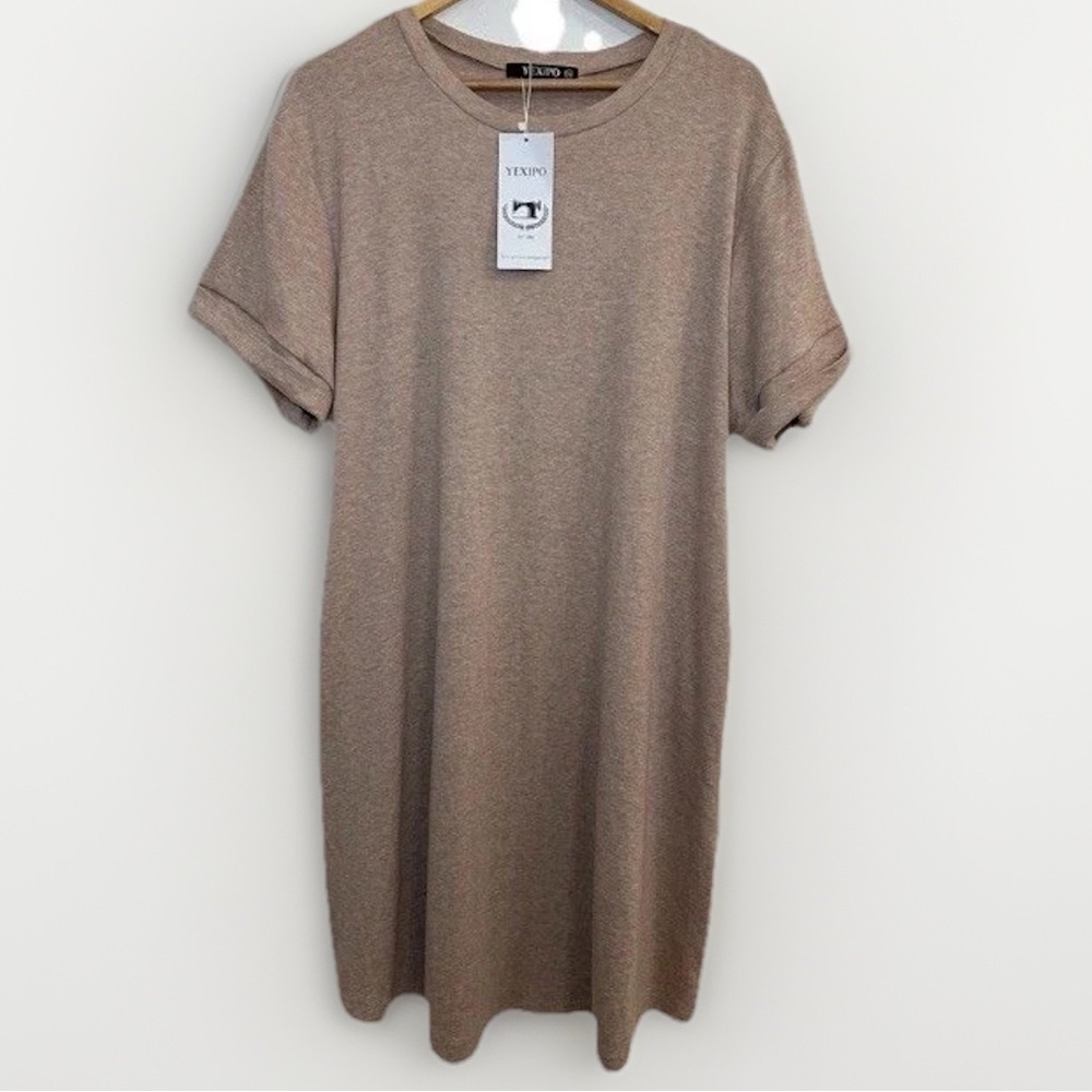 T-Shirt Dress Neutral Tan Jersey Knit Pockets Midi‎ Women’s Plus Size 2XL NWT
